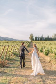 a bride and groom walking down a dirt road in the middle of a vineyard field