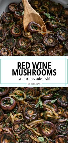 red wine mushrooms in a white dish with a wooden spoon and green herbs on top