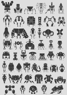 the silhouettes of robots are shown in this black and white illustration, with different shapes