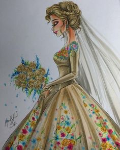 a drawing of a woman in a wedding dress with flowers on the skirt and veil