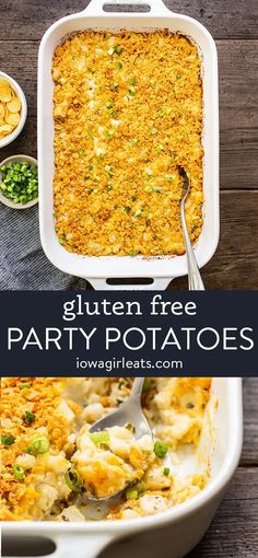 this gluten free party potatoes casserole is loaded with chicken, peas and cheese