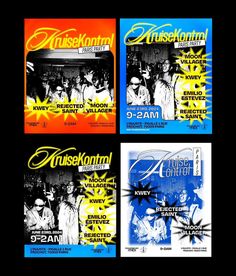 four concert flyers are shown in three different colors