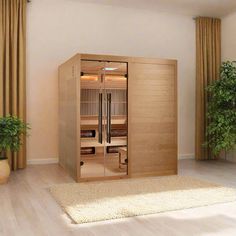 a sauna in a living room next to a potted plant