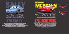 the cars movie poster is shown in two different colors and sizes, including lightning from disney's cars