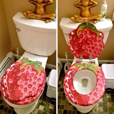 two pictures of a toilet with strawberries on the lid and an image of a frog sitting on top