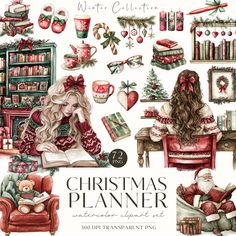 watercolor christmas planner clipart set with santa claus and other holiday decorating items