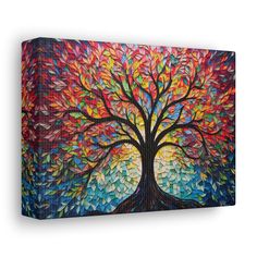 an abstract painting of a tree with colorful leaves on it