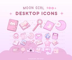 the moon girl desktop icons are displayed on a pink background with white stars and clouds