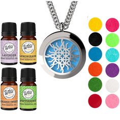 Give the gift of calming, stylish and portable aromatherapy with the original Infinity Flame Knot essential oil necklace diffuser gift set from Wild Essentials. This diffuser jewelry gift set includes four 5mL bottles of essential oils (lavender, lemongrass, orange and peppermint), a Infinity Flame Knot locket necklace and twelve 17mm, color refill pads. Great for school, work or anywhere in between, our necklace with aromatherapy oils allows you to diffuse your favorite scents to help you relax Aromatherapy Gift Set, Essential Oil Necklaces, Essential Oil Jewelry, Essential Oil Necklace Diffuser, 2 Necklace, Essential Oil Set, Aromatherapy Gifts, Diffuser Jewelry, Aromatherapy Diffuser