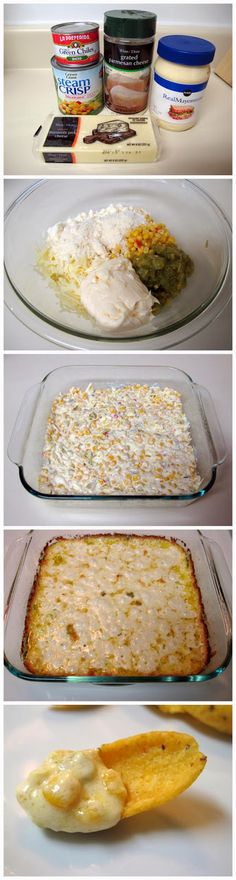 four pictures showing how to make an enchilada casserole with corn on the cob