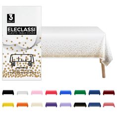 the tablecloth is white with gold dots on it and has three different colors to choose from