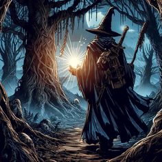 a wizard holding a wand in the middle of a forest with trees and moon behind him