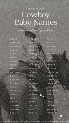 the poster for cowboy baby names is shown in black and white