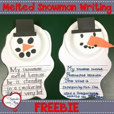 two snowmen are on paper plates with writing