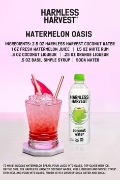 a bottle of watermelon oasis next to a glass filled with ice