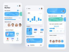 three screens showing the user's dashboards for their app, including numbers and statistics