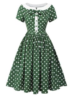 Green Retro Vintage Dress, Green Knee-length Vintage Dress, Green Knee-length Vintage Dress For Vintage Fashion, Retro Green Dress With Buttons, Green Polka Dot Dress, Bowknot Dress, Formal Dresses With Sleeves, Puff Dress, Standard Dress