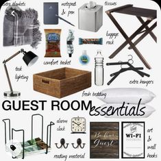 a poster with the words guest room essentials written in black and white on it