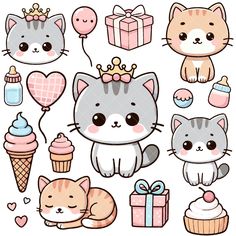 a set of cute cats with different items