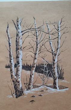 a drawing of some trees in the snow