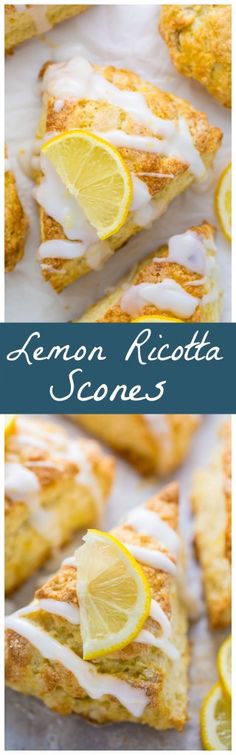 lemon ricotta scones with white icing and sliced lemons on the side