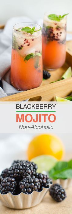 blackberry mojito non - alcoholic cocktail in cups with mint garnishes