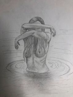 a pencil drawing of a woman in the water with her head submerged by another person's arm