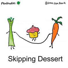 a cartoon drawing of two carrots pulling a string with the words skiping desert on it