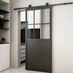 an open sliding door in a white room