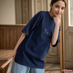 Qteee - Round Collar Casual T-Shirt with Letter Print Design Casual T Shirt, Round Collar, Casual T Shirts, Letter Print, Fall Colors, Letter Prints, White Black, Print Design, Color White