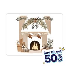 a christmas fireplace with stockings and presents on it's mantle for $ 50 off