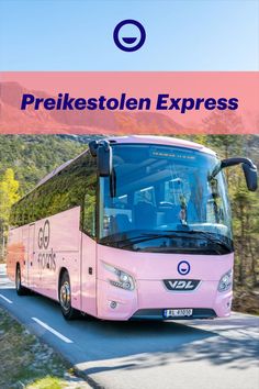 The pink Preikestolen Express bus operated by Go Fjords driving on a mountain road Express Bus, Tokyo Bay, By Bus, Mountain Lakes, Refreshing Water, Hiking Destinations, Pink Tour, Hiking Jacket