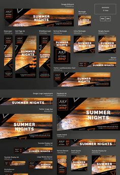 a set of four banners with the words summer nights written in orange and black on them