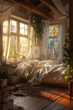 a bed sitting under a window in a bedroom next to a rug and potted plants