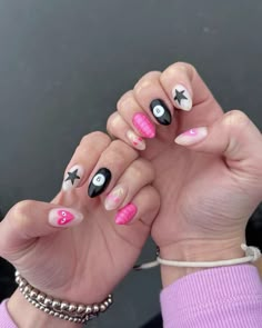 Cute Summer Nails With Designs, Nail Art Non Acrylic, Cute Fun Summer Nails, Summer Pink Nails Design, White Nail Tip Designs, Pink White Black Nails, Nails With Different Designs On Each, Black And Pink Acrylics, All Different Nails