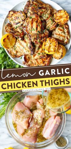 LEMON GARLIC CHICKEN THIGHS, chicken recipes, simple dinner recipes Lemon Garlic Chicken Thighs, Best Marinade, Garlic Chicken Thighs, Easy Summer Dinners, Lemon Garlic Chicken, Salad Pasta, Summer Recipes Dinner, Chicken Dishes Recipes, Summer Dinner