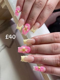 Tropical Nails Square, Yellow And Pink Nails, Nails Tropical, Orchid Nails, Summery Nails