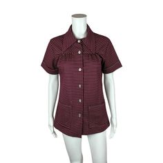 "A vintage 1970s, short sleeve, button down, women's top with a pointed collar in a maroon red & white polyester checkered pattern. LABEL: - FABRIC: feels like polyester MARKED VINTAGE SIZE: - SHOULDERS: 16\" SHOULDER TO WAIST: \" SLEEVE LENGTH: 8\" BUST: 39\" WAIST: 36\" HIPS: 36\" LENGTH: 27\" CONDITION: excellent PINNED TO MODEL?: no ☝For reference Mod's measurements are S 11\", B 32.5\", W 24\", H 32.5\"☝ ♪ Wanna dress you up in vintage, all over, all over! ♪ https://www.etsy.com/shop/Storyl Checkered Top, Seventies Fashion, Polyester Shirt, Vintage Clothing Online, Blue Crop Tops, Maroon Red, White Button Down, Checkered Pattern, Sheer Blouse