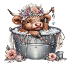 a watercolor painting of a cow in a bathtub with flowers on its head