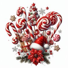 a painting of candy canes, christmas decorations and snowflakes on a white background