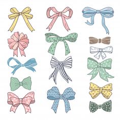 hand drawn bows with different colors and patterns on white background, set of bow clippings