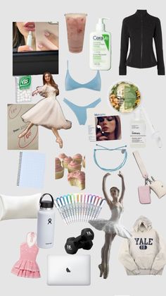 the contents of a woman's personal items arranged in a collage on a white background