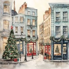 Holidays Aesthetic Winter, Christmas Building Illustration, Christmas Pictures Drawings, Christmas Village Watercolor, European Christmas Aesthetic, Uk Christmas Aesthetic, Christmas City Illustration, Christmas Drawing Watercolor, Christmas Art Watercolor