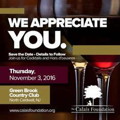 we appreciate you flyer with two glasses of red wine and the words, we appreciate you save the date details to follow join us for cocktails and hods