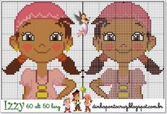 two cross stitch girls with pink hair and one girl wearing a pink hat, the other is