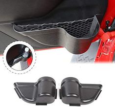 the front and rear fenders of a red scooter are shown with black trim