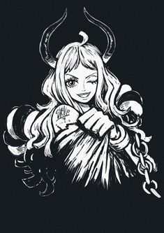 a black and white drawing of a woman with horns