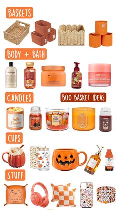 an orange and white poster with various items for halloween decor on the front, including candles, soaps, tea bags, cups, baskets