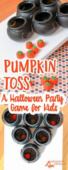 pumpkin toss game for kids to play in the halloween themed area with cups and candy