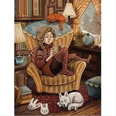 a painting of a woman sitting in a chair surrounded by dogs and cats, reading a book